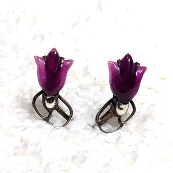 Vintage 40's /50's Sterling Silver & Purple Lucite Tulip Screw Back Earrings - Picture 11 of 11